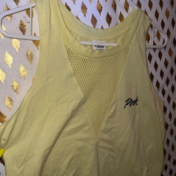 Victoria’s Secret PINK neon yellow fishnet mesh cropped workout tank top crop to - Picture 2 of 4